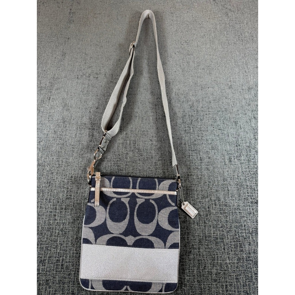 Coach Signature C Navy Canvas Silver Metallic Trim Crossbody File Bag